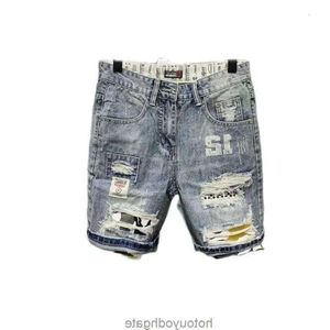 Mens Jeans Wholesale Korean Fashion Men Casual Beggar Hole Denim Shorts Brand Printed Patch Ripped Short Pants Ce F