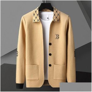 Men'S Sweaters Mens Luxury Spring And Autumn Solid Color Business Casual Sweater Trendy Neckline Design Pattern Embroidered Cardigan Dhe2Q