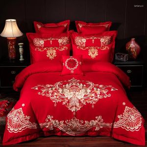 Bedding Sets Luxury Gold Rose Embroidery Cotton Red Chinese Style Wedding 4/6/9pcs Set Duvet Cover Bed Sheet/Linen Pillowcases
