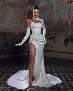 Front Mermaid Elegant Split Wedding Dresses 2024 Lace Appliques Illusion Back Sexy Satin High Neck Bridal Gowns Court Train Bride Dress Plus Size