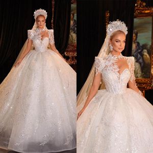Eliminacja sukni balowej sukienki ślubne Sheer Jewel Neck Długie rękawy cekinowe aplikacje ślubne suknie ślubne arabskie szatę de Mariage niestandardowe wykonane