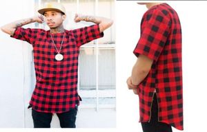 Tyga l k hiphop guld sida blixtlås överdimensionerade rutiga t shirt män casual pläd tartan tee shirt1437257