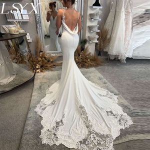 LSYX Deep V-Neck Crepe Crepe syrena biała suknia ślubna 2024 Paski spaghetti bez pleców koronkowa suknia ślubna