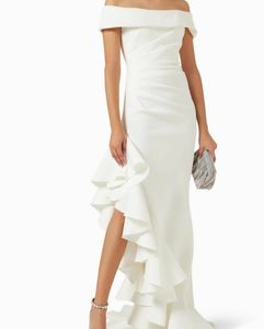 Elegant Long Bateau Neck Crepe Evening Dresses with Ruffles Mermaid Ivory Asymmetrical Length Zipper Back Prom Dresses Pleated for Women
