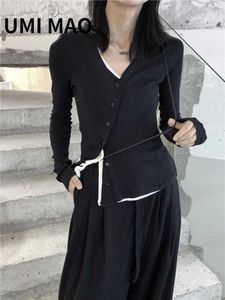 Herrtröjor Umi Mao Yamamoto Dark Black Design Sweater Bottom Fake Two Piece Design Womens Y2K Fashion Top Q240603