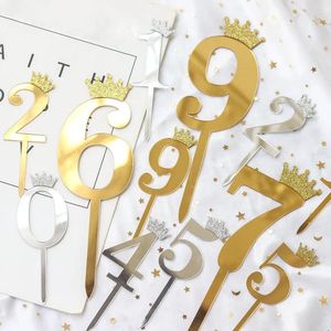 Party Supplies 5/10Pcs Mirror Surface Cake Topper Acrylic Number 0-9 With Crown Kids Birthday Decorating Wedding Anniversary