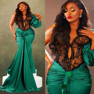 2024 Emerald Green Evening Dress Prom Dress Mermaid Promdress High Neck Long Sleeves Appliqued Beaded Lace Illusion Birthday Dress Vestido De Sorrie Gowns AM1110