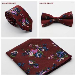 Bow Ties Huishi Design 6cm Bomull Slim Tie Set Floral näsduk och bowtie Business Wedding Party Printing Neck For Men