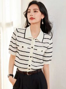 Men's Sweaters Striped knitted cardigan womens short sleeved single chest top with jumpers 2024 spring fashionable and chic jacket Q240603