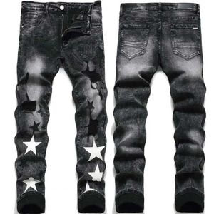 Men's Jeans EHMD Star Embroidered Jeans Men Scraped Denim Pants Floral Trim Splash Ink Slim Cotton Stretch Leather Standard Black Trousers2