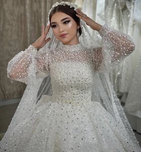 Luxury Pearls Wedding Dresses 2024 Crystals Long Sleeves Elegant Wedding Gowns Arabic Dubai Bridal Dress Vestido De Casamento Customed