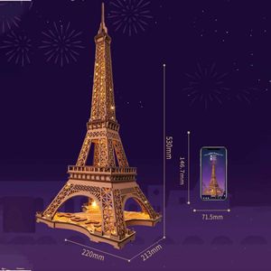 3D Puzzles 3D Puzzim de madeira Night of the Eiffel Tower 1 638 Modelos para crianças Kits de artesanato de bricolage adultos DIY com luz