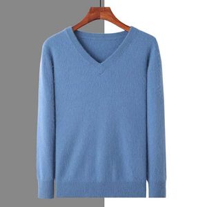 Men's Polos 2023 autumn and winter new mens 100% mink cashmere sweater V-neck pullover knitted plus size coat long sleeve high-end pullover Q240603