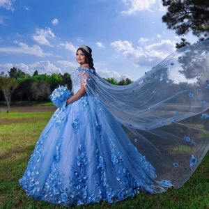 Sky Blue Princess Quinceanera Dresses 2024 Lace Appliques 3D Flowers With Cape Beads Backless Pageant Party Sweet 15 Ball Gown