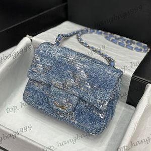 18CM/21CM Blingbling Shimmer Glitter Sequins Blue Denim Shoulder Bags Classic Mini Flap Gold Chain Crossbody Handbags Turn Buckle Sacoche Brand Purse