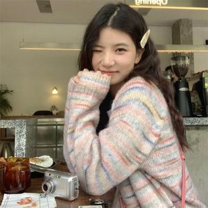 Kvinnors tröjor Deeptown Preppy Pink Striped Sweater Women Korean Style Sticked Cardigan Japanese Harajuku Fashion Vintage Knitwear Aesthetic 230807CJ
