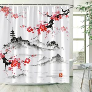 Shower Curtains Ink Landscape Red Flowers Abstract Mountain Japanese Style Scenery Polyester Bathroom Curtain Decor With Hooks