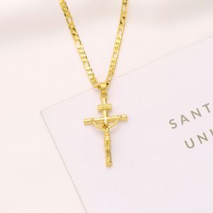 Italiensk inri Jesus Crucifix Cross Pendant Figaro Link Chain Halsband 9K Gul fast guld GF 60 cm 3mm Womens Mens Bbamp