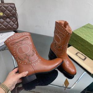 Designerskor Kvinnor Cowboy Boots Luxury Double Studs Boot Leather High-kvalitet Fashion Fashion Western Boots Storlek 35-42