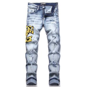 Men's Jeans New Blue Ripped Patch Blue Jeans High Street Straight Leg Men Elastic Mid-Waist Clothing