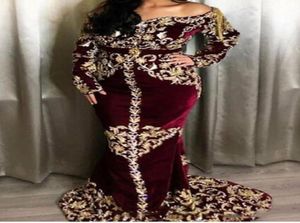 Elegante arabische Dubai Burgunder Mermaid Formal Abendkleider mit langen Ärmeln 2021 Gold Spitzen Applikationen Marokko Kaftan Prom Kleid 8175599