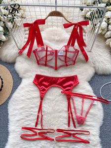 Arbetsklänningar Singreiny 2024 Sheer Sensual Lingerie Three Piece Set Mesh Splice Bow Strap Mini Bra strumpor Thongs Erotic Porn Underwear Suits