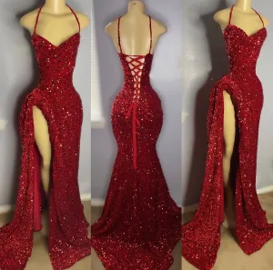 2024 DARD RED SPLEKLY PROM Dresses Sequined Spets Halter Ruched Mermaid Sequins Side Split Corset Back Party Dress Afton Dlede Gowns