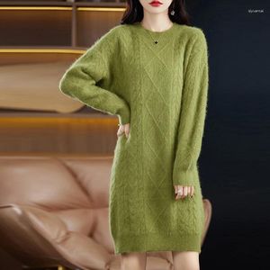 Women's Sweaters Autumn And Winter Mink Cashmere Knit Sweater Dress Round Neck Pullover Medium Long Solid Color Base Shirt Coat Skirt Woman