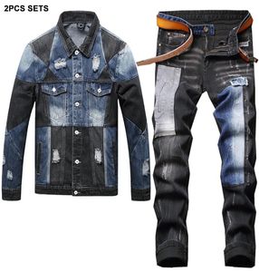Denim Tracksuits BlackBlue costura de jaqueta rasgada e jeans Men039s Sets Fashion Slim Jacket calça esticada 9990752