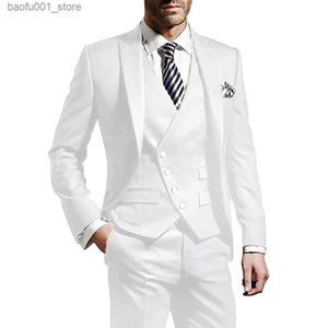 Mäns kostymer blazrar Vita mens bröllop kostym Brudgummen klänning platt topp lapel bröllopsklänning affärsfest set 3-stycke (jacka+väst+byxor) Q240603