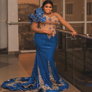 2024 Aso Ebi Plus Size Blue Mermaid Prom Dress Crystals Florals Sexy Evening Formal Party Second Reception 50th Birthday Engagement Thanksgiving Gowns Dresses ZJ33