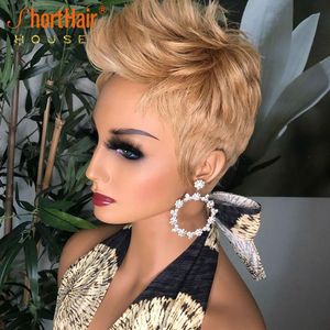 Honey Blonde Short Human hair Wig Brazilian None Lace Front Wigs For Black Women Full Machine Made 150 density Kbswh