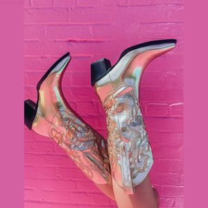 Boots Cowboy ENMAYER Pink Cowgirls 655 Metallic Western For Women Pointed Toe Stacked Heeled Pull On Mid Calf Boots Brand Design 230807 814