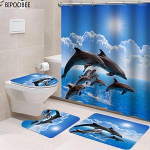 Duschgardiner 3D -tryck badrumssatser Ocean Dolphin Deep Sea Animals Curtain med 12 krokar Pedestal Rug Lock Toalett Cover Bath Mat Set