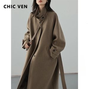 CHIC VEN Women's Long Trencn Coat Standing Belt Lace Up Woolen Coat Raglan Sleeves Long Overcoat Office Lady Autumn Winter 231228CJ