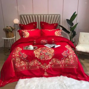 Sängkläder sätter lyx 4/6/9 pcsclassiska blommor broderier 100 -tal egyptisk bomullsröd bröllopsset duvet täcker lak