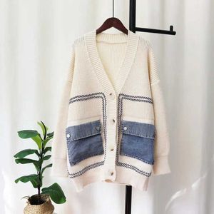 Men's Sweaters Winter denim patch knitted cardigan womens loose V-neck long sleeved design Y2K sweater new fashion top Q240603