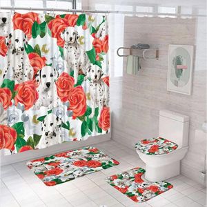 Shower Curtains Cute Dog Curtain Sets Pet Animal Red Rose Plant Leaves Fabric Bathroom Non-Slip Bath Mats Rugs Lid Toilet Cover