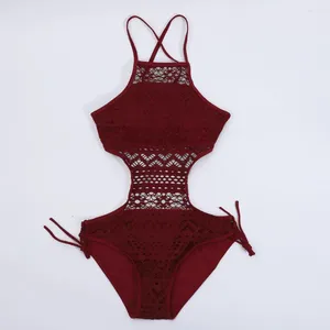 Women's Swimwear Halter Backless Monokini Stylish Lace Back One-piece Swimsuit For Women Neck With Criss-cross Detail Sexy Solid