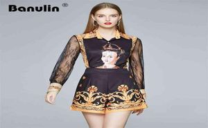 Banulin Summer Runway Retro 2 Pieces Sets for Women Vintage Print Patchwork Lace Sleeve Top Shirt Blouse Shorts Suits Outfits 21063616646