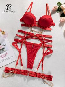 SINGREINY Sexy Fashion Chain Erotic 3 Pieces Sets Ladies Straps Backless Corset Underwear Solid Erotic Sensual Bra Briefs Suits 240529