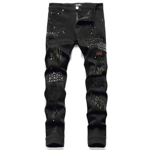 Men's Jeans EHMD Diamond Embroidered Jeans Mens Scraped Inside Floral Trim Splash Ink Slim Cotton Stretch Leather Standard Black Pants 22