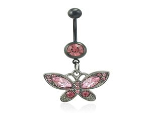 Mode Belly Button Rings Pink Rhinestone Black Butterfly 316L Rostfritt stål Sexig navel Body Piercing Jewelry7050043