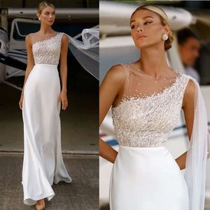 Ljus chiffong kvinnor bröllopsklänningar spetstryck design a-line brudklänningar sexig ärmlös eleganta kläder vit novia civil