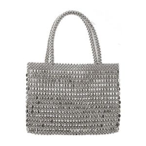 Vintage handgjorda damer handväska väv pärlor mode silver färg lysande paljetter axelväska kopplar kvinnliga party handväska 2022 dnegq