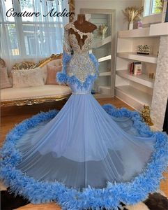 Celebrity Blue Rleeve Sliver Crystal Freading Dress for Black Girl