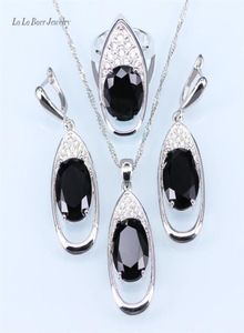 Trendy Big Black Stone White Rhinestone enorm runda silver 925 smyckesuppsättningar för kvinnor släpp örhängen hänge halsband ring207e8585388