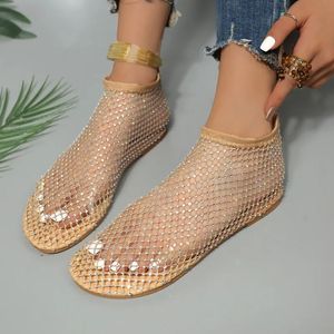 Summer Womens Sandals Luxury Water Diamond Mesh Hollow Breathable Sandals Smooth and Fashionable Round Toes Sliding on Womens Slippers 240605