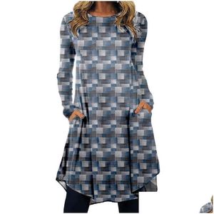 Podstawowe sukienki swobodne damskie sukienka midi western etniczne boho nieregularne długie rękaw dla kobiet z kieszonkowym nadrukiem vintage vestido y1204 Drop DHJ1R