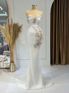 Mermaid Evening Sweetheart Sleeveless Sequins Satin Elegant Diamons Beaded Pearls Appliques Prom Dresses Custom Made